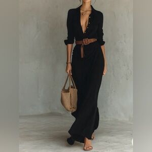 Elegant Black Maxi Shirt Dress with Brown Belt